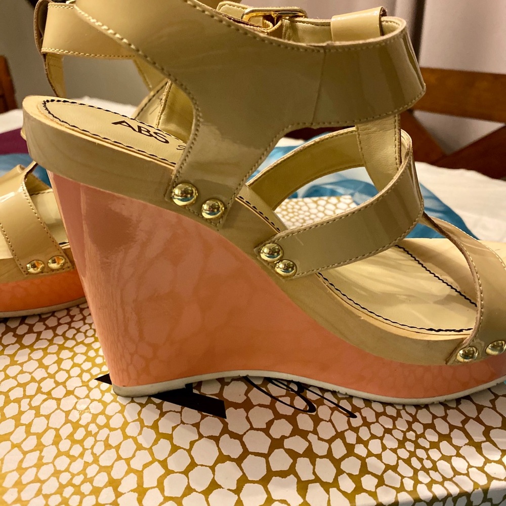 Camel & Peach leather ankle strap wedge